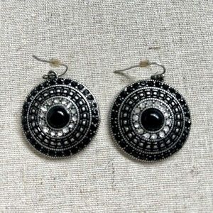 Black onyx and white topaz dangle round earrings